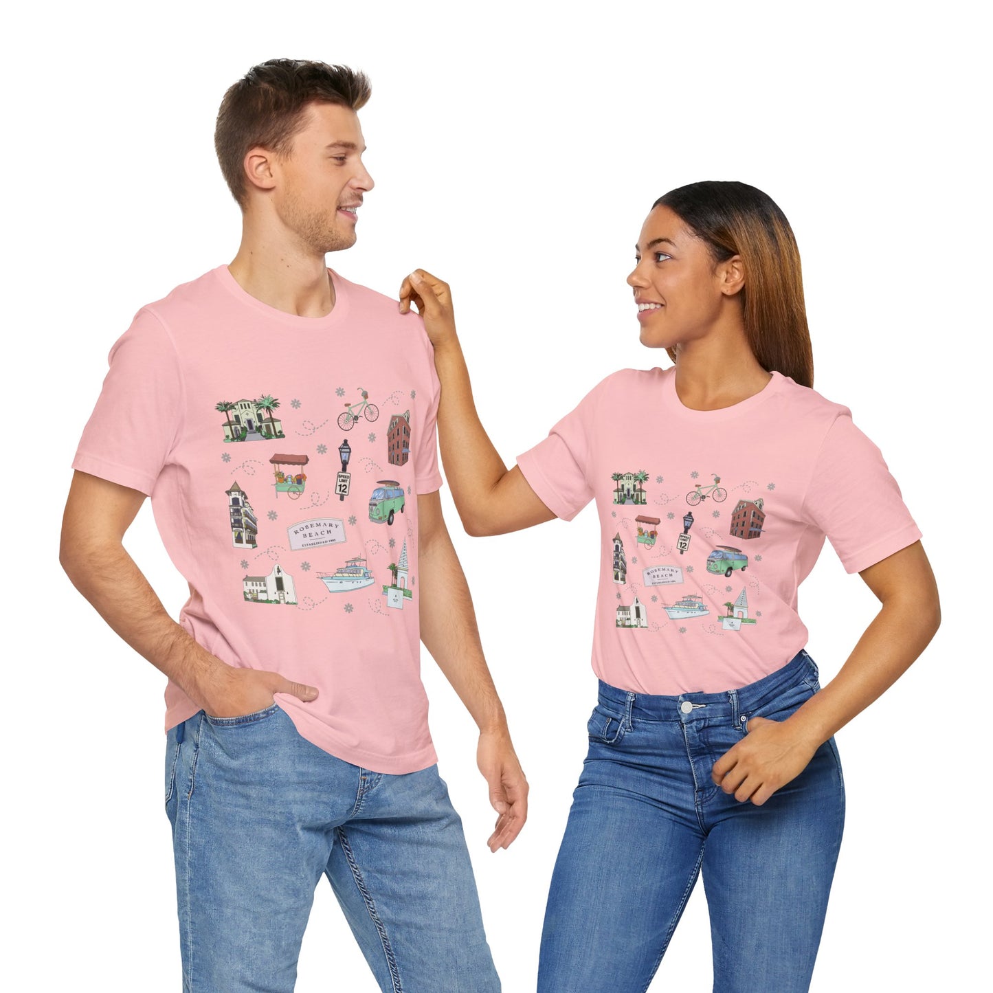 Unisex Jersey Short Sleeve Tee with Rosemary & Alys Beaches of 30A Florida FL landmarks print