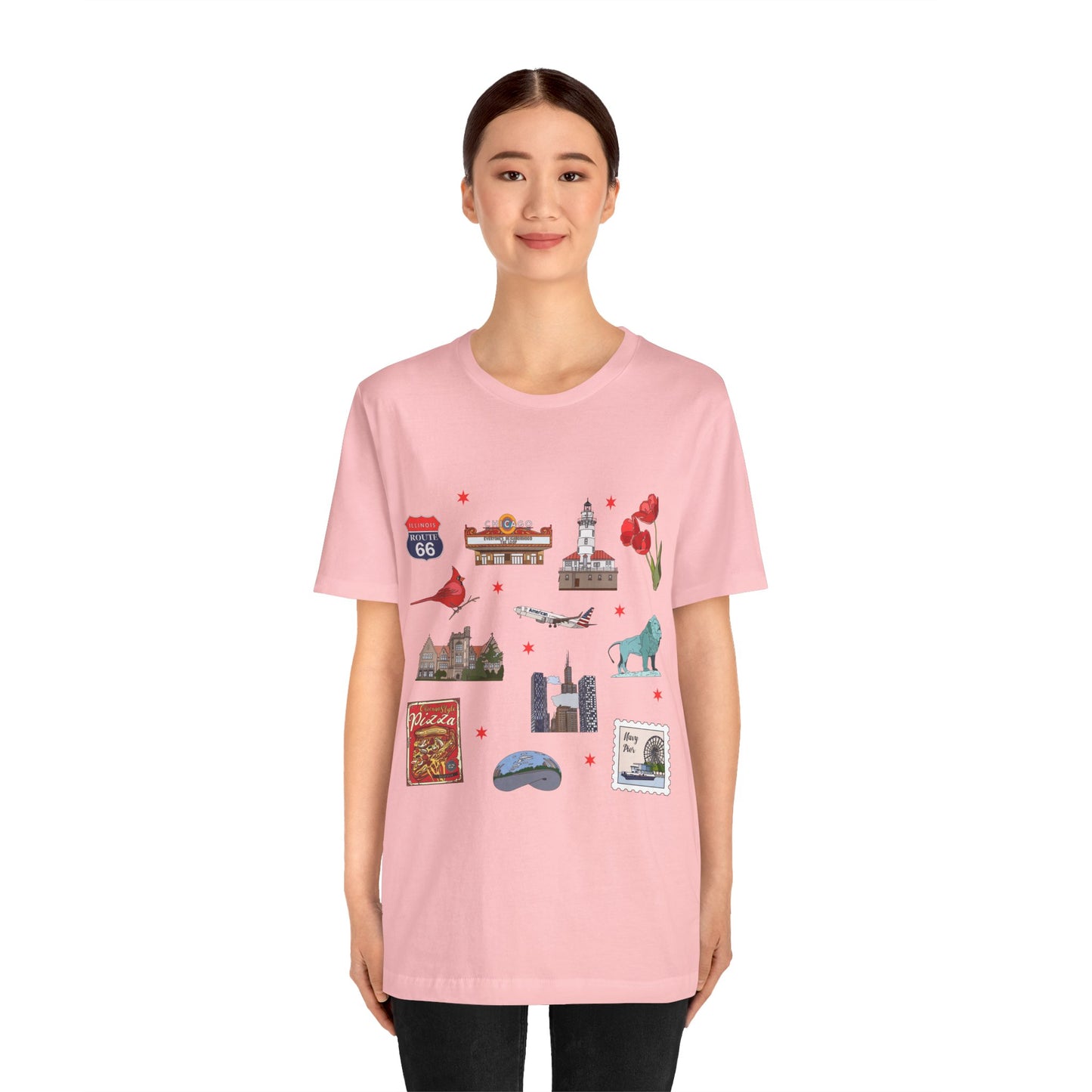 Unisex Jersey Short Sleeve Tee with Chicago, Illinois IL landmarks print