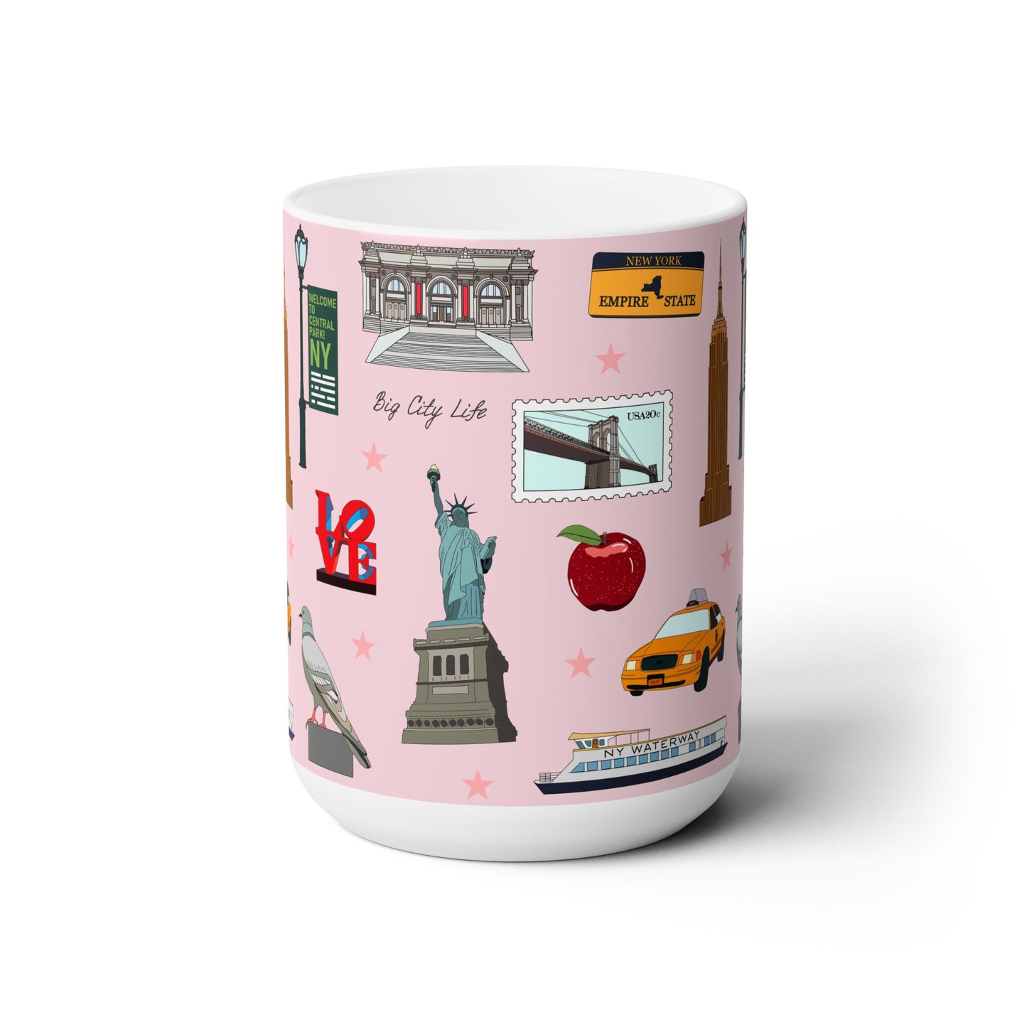 Ceramic Mug 15oz with New York City, Manhattan, Brooklyn NY in pink
