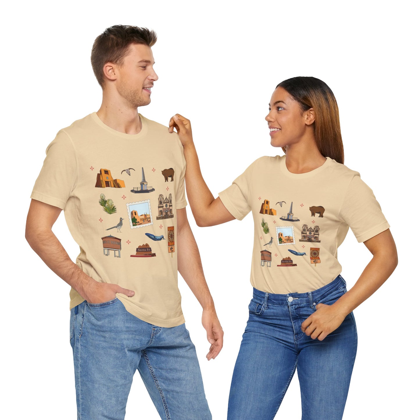 Unisex Jersey Short Sleeve Tee with Santa Fe, New Mexico NM landmarks print