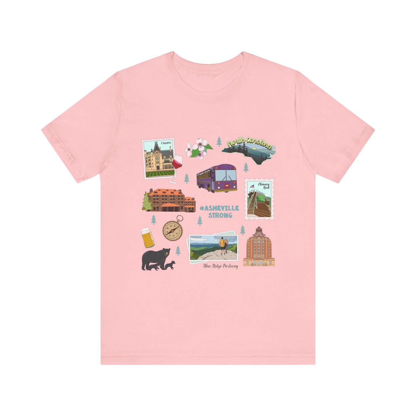 Unisex Jersey Short Sleeve Tee with Asheville, North Carolina NC landmarks print