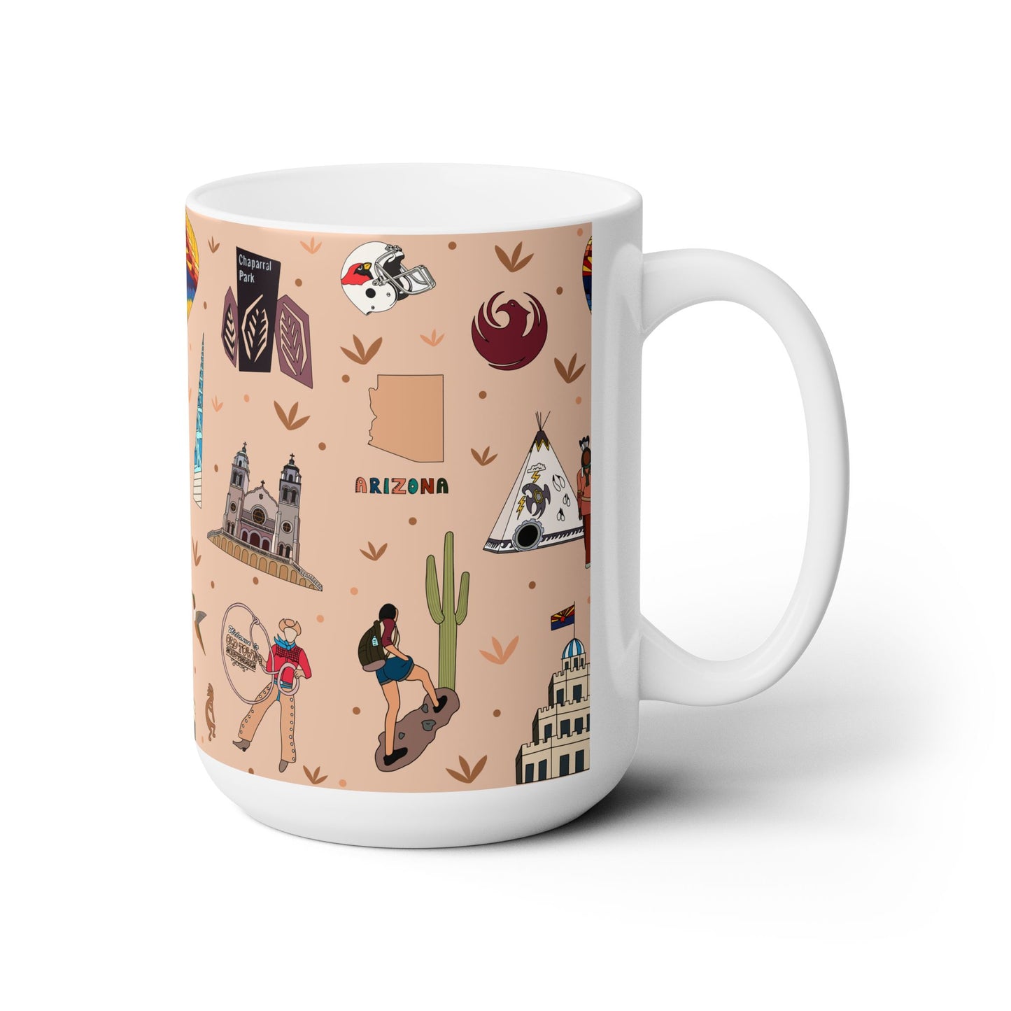 Ceramic Mug 15oz with Phoenix & Scottsdale, Arizona AZ in sand