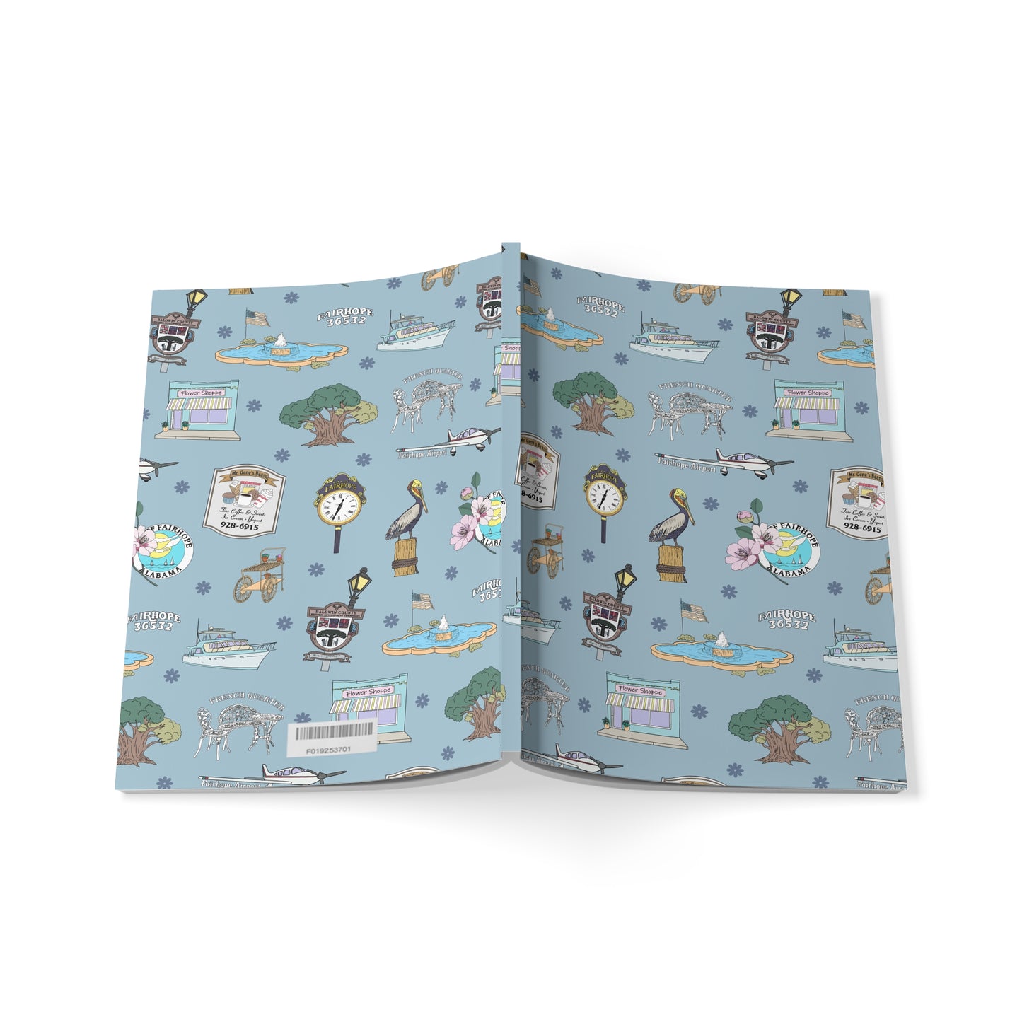Paperback notebook with Fairhope, Alabama AL landmarks in dusty blue 150 lined pages