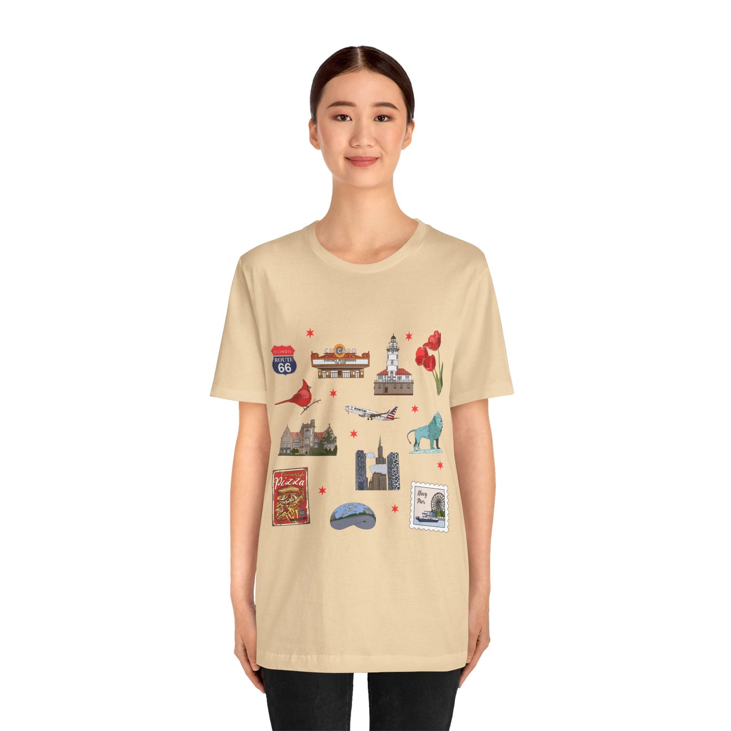 Unisex Jersey Short Sleeve Tee with Chicago, Illinois IL landmarks print