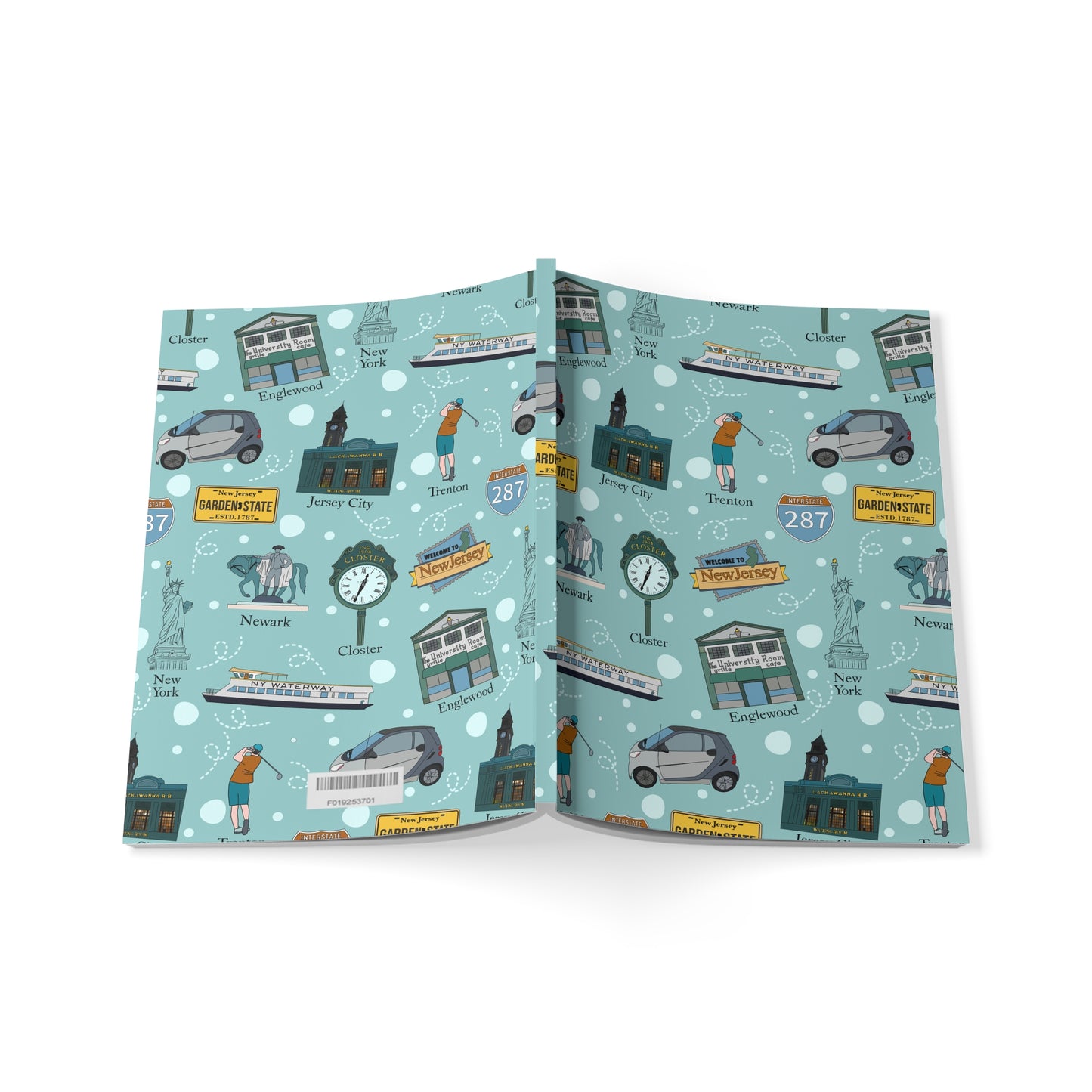 Paperback notebook with New Jersey cities, NJ Trenton, Closter, Englewood, Newark, Hoboken landmarks in teal 150 lined pages