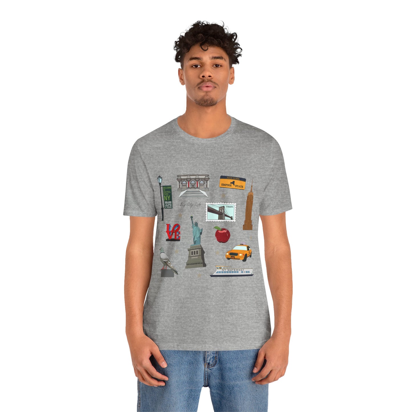 Unisex Jersey Short Sleeve Tee with New York City, Manhattan, Brooklyn NY landmarks print