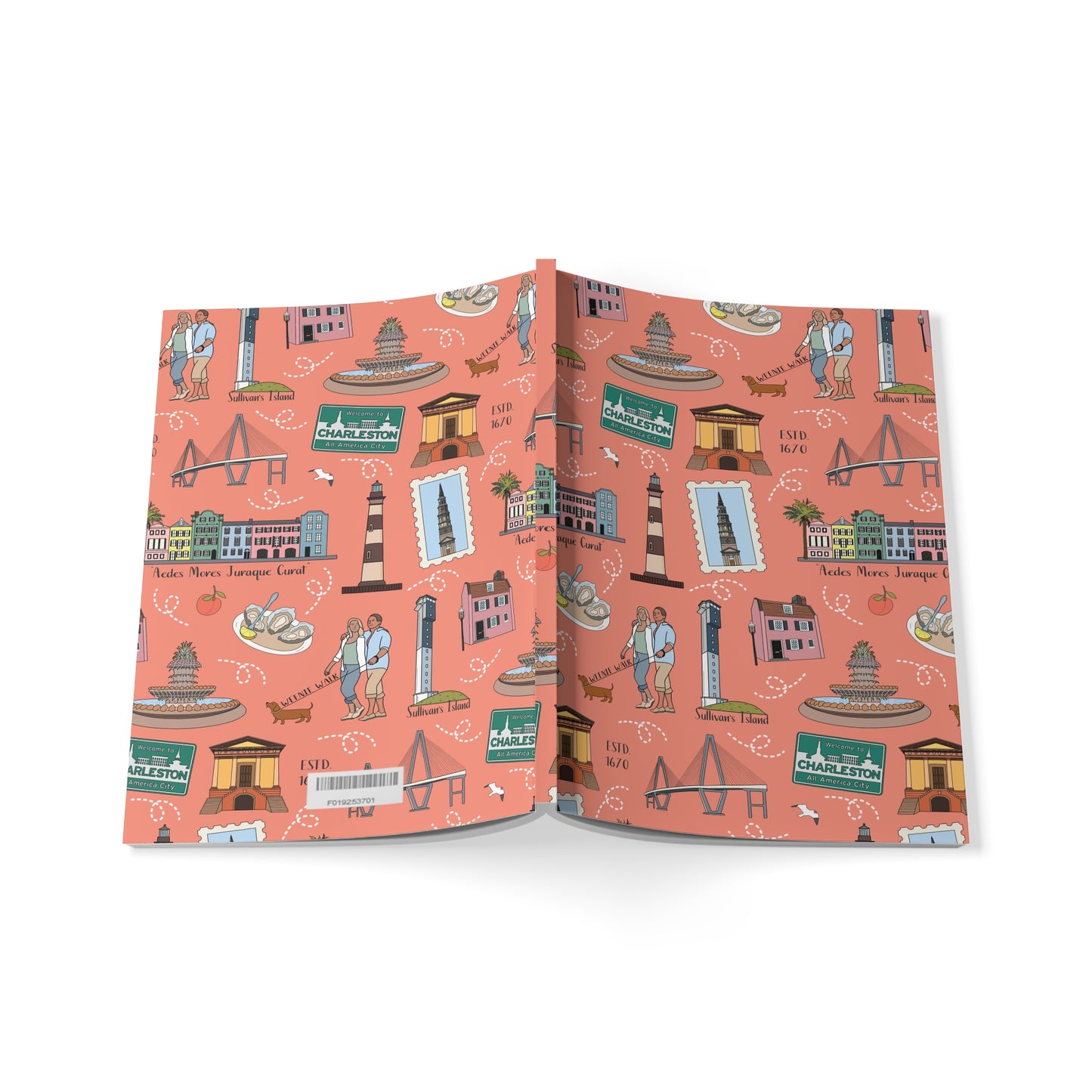 Paperback notebook with Charleston, SC landmarks in coral 150 lined pages