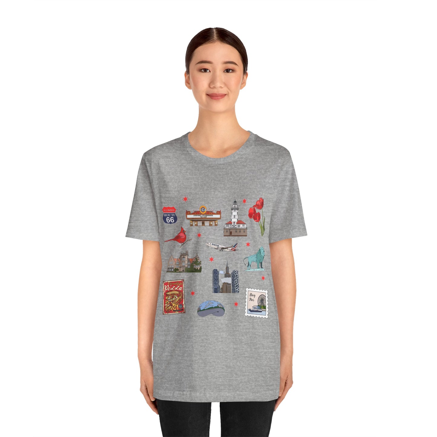 Unisex Jersey Short Sleeve Tee with Chicago, Illinois IL landmarks print