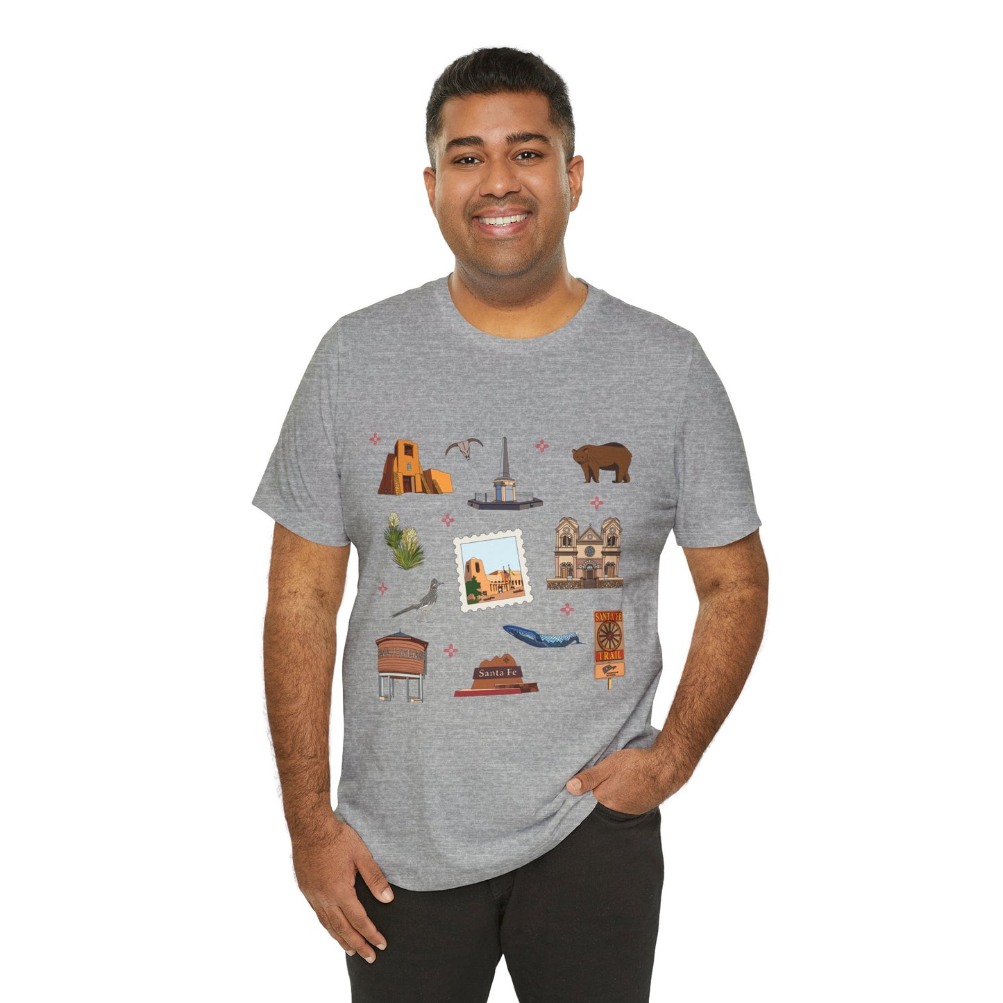 Unisex Jersey Short Sleeve Tee with Santa Fe, New Mexico NM landmarks print