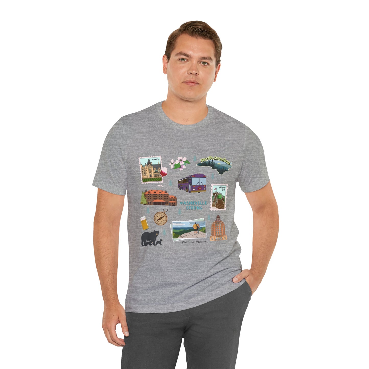 Unisex Jersey Short Sleeve Tee with Asheville, North Carolina NC landmarks print