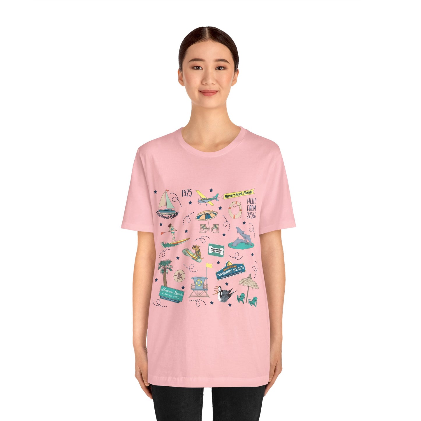 Unisex Jersey Short Sleeve Tee with Navarre Beach Florida FL landmarks print
