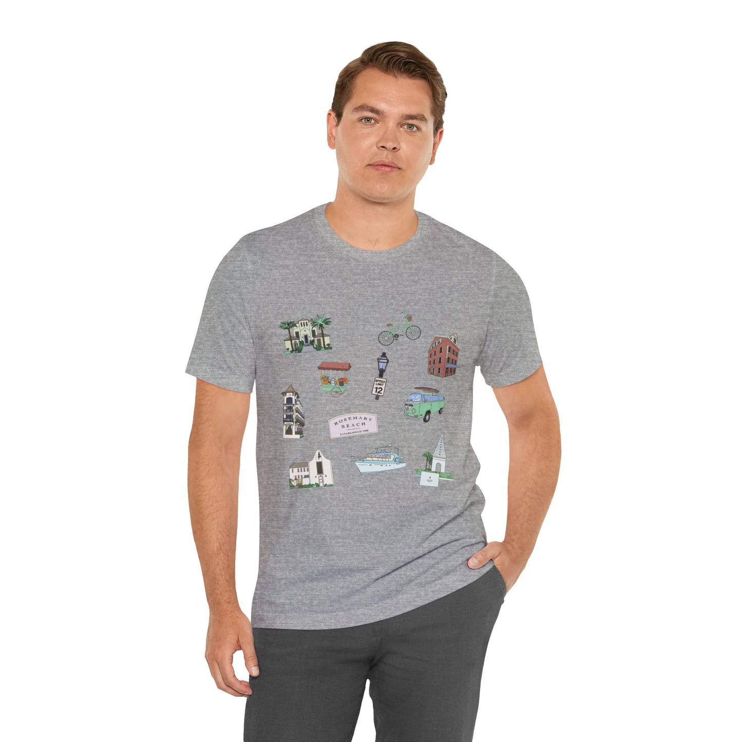 Unisex Jersey Short Sleeve Tee with Rosemary & Alys Beaches of 30A Florida FL landmarks print