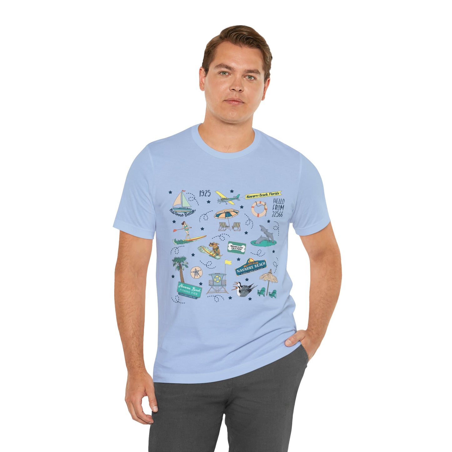 Unisex Jersey Short Sleeve Tee with Navarre Beach Florida FL landmarks print