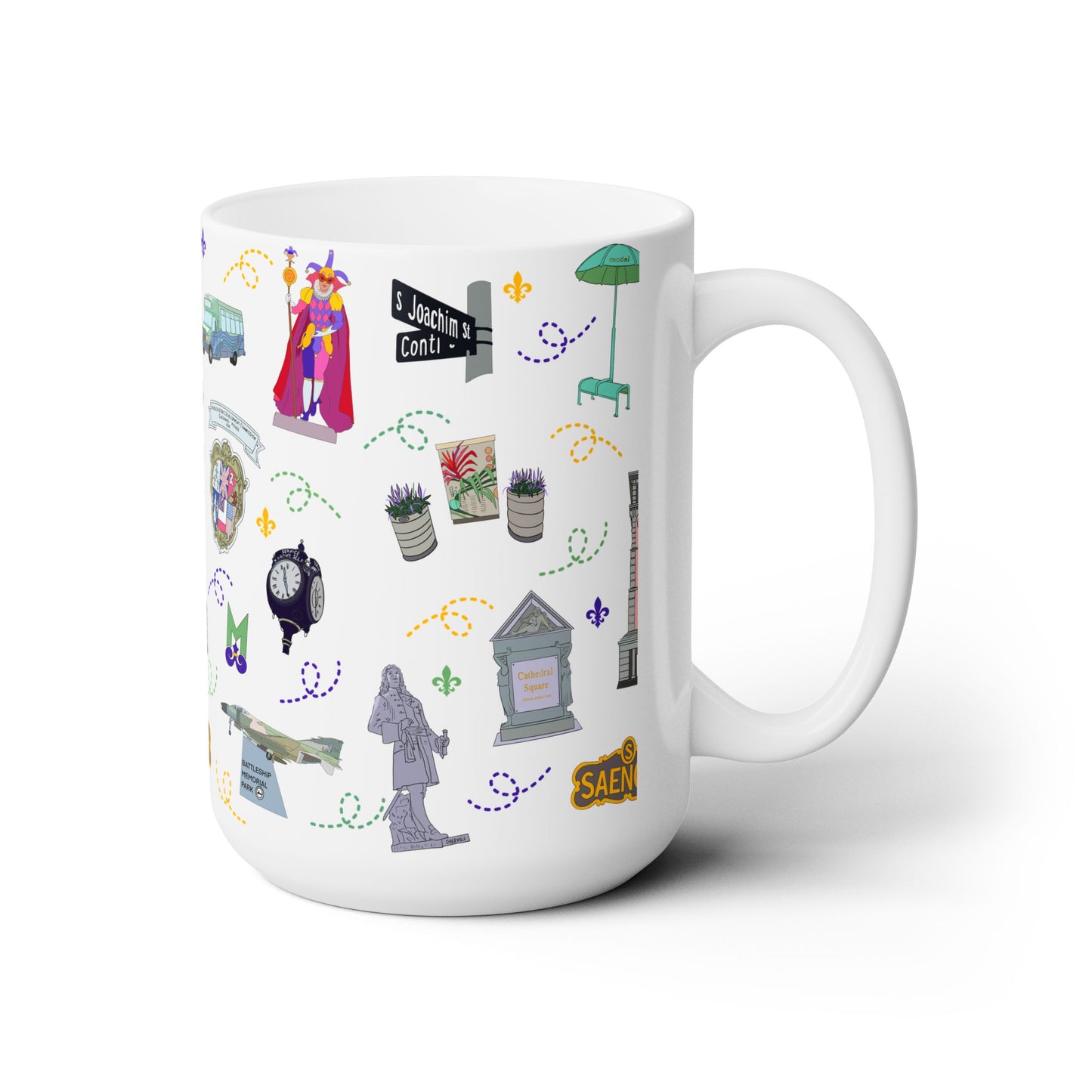 Ceramic Mug 15oz with Mobile, AL and Mardi Gras in white