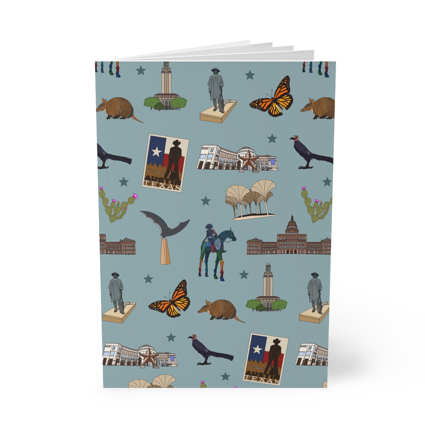 Paperback notebook with Austin, Texas TX landmarks in mist veil 150 lined pages