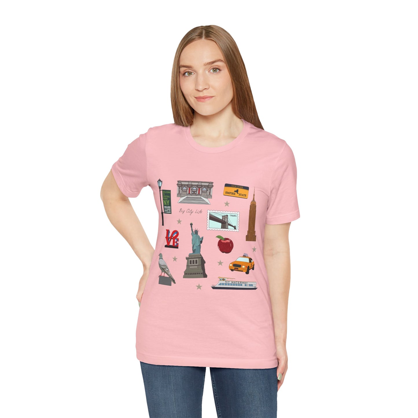 Unisex Jersey Short Sleeve Tee with New York City, Manhattan, Brooklyn NY landmarks print