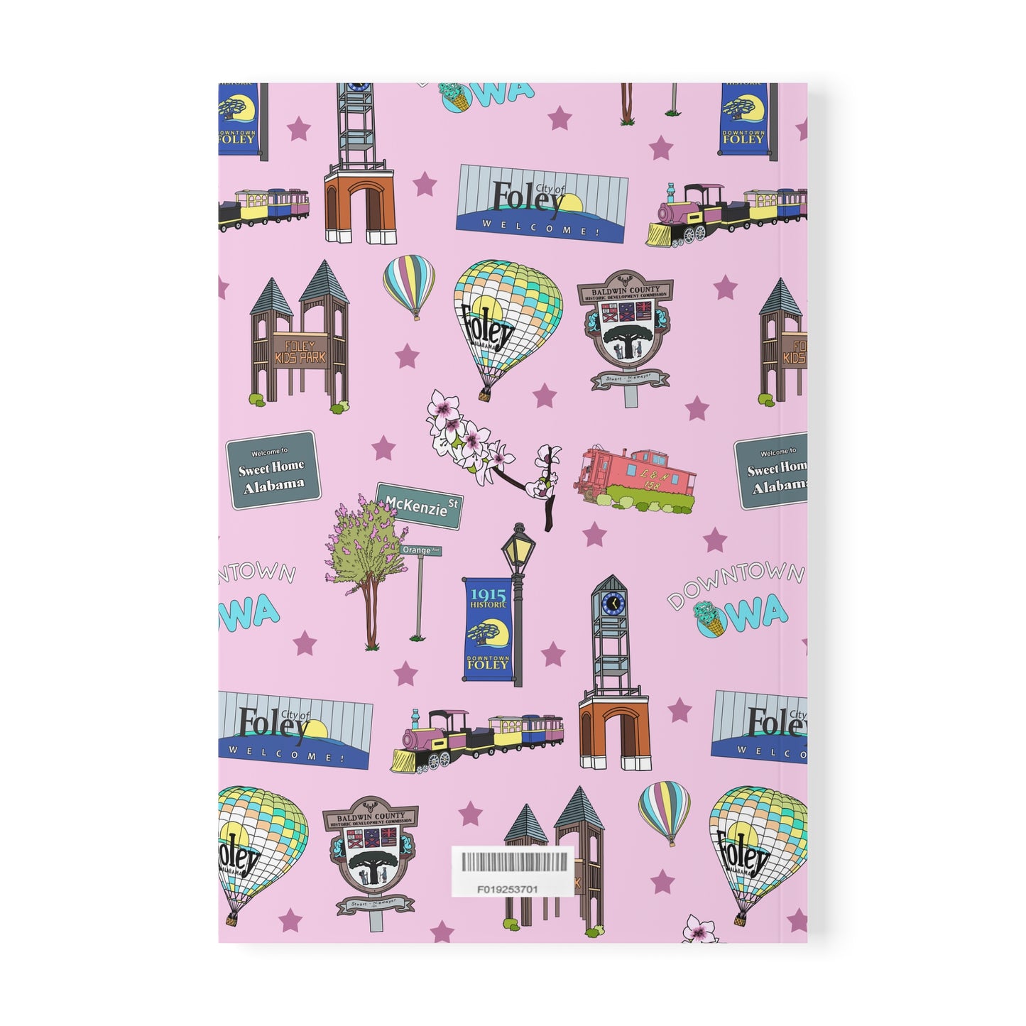 Paperback notebook with Foley, Alabama AL landmarks in pale pink 150 lined pages