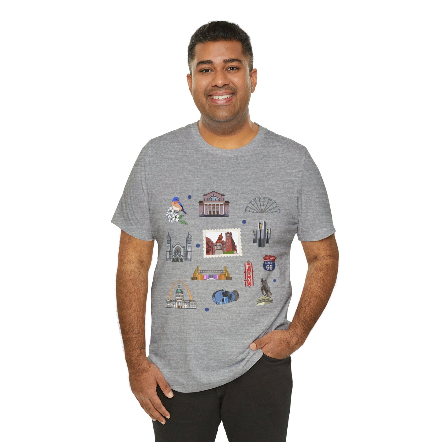 Unisex Jersey Short Sleeve Tee with St. Louis, Missouri MO landmarks print
