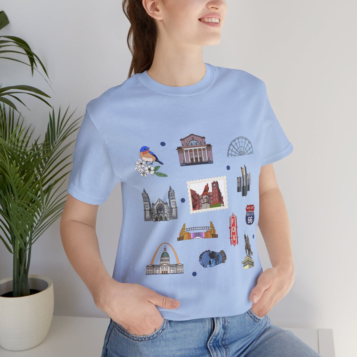 Unisex Jersey Short Sleeve Tee with St. Louis, Missouri MO landmarks print
