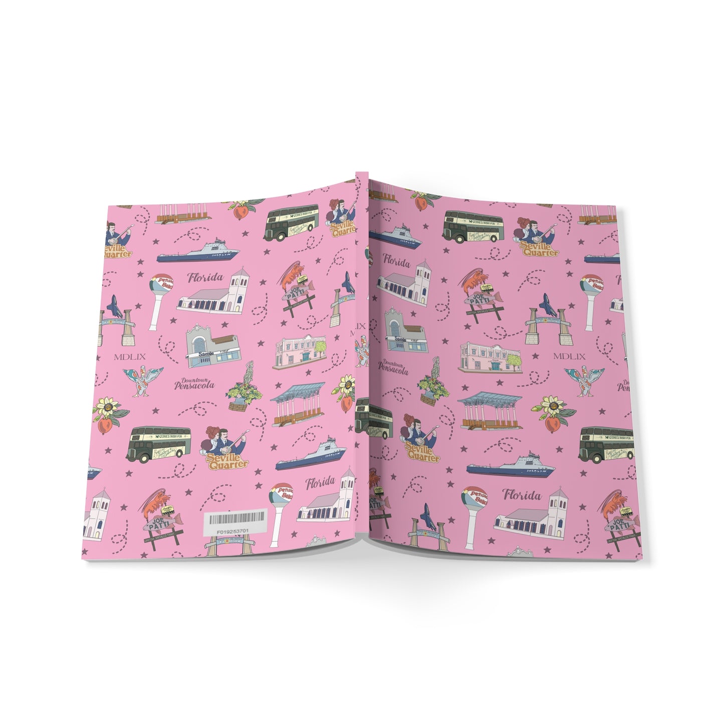 Paperback notebook with Pensacola, FL landmarks in pink 150 lined pages