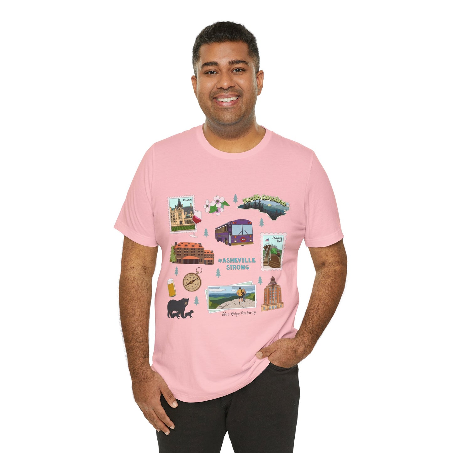 Unisex Jersey Short Sleeve Tee with Asheville, North Carolina NC landmarks print