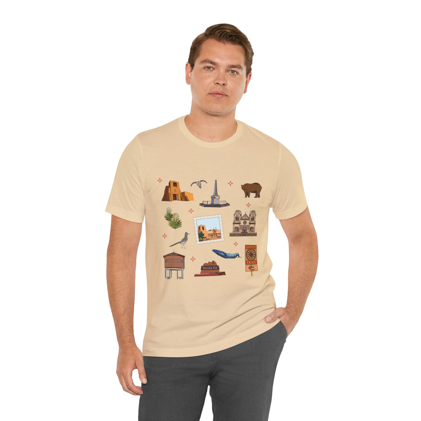 Unisex Jersey Short Sleeve Tee with Santa Fe, New Mexico NM landmarks print