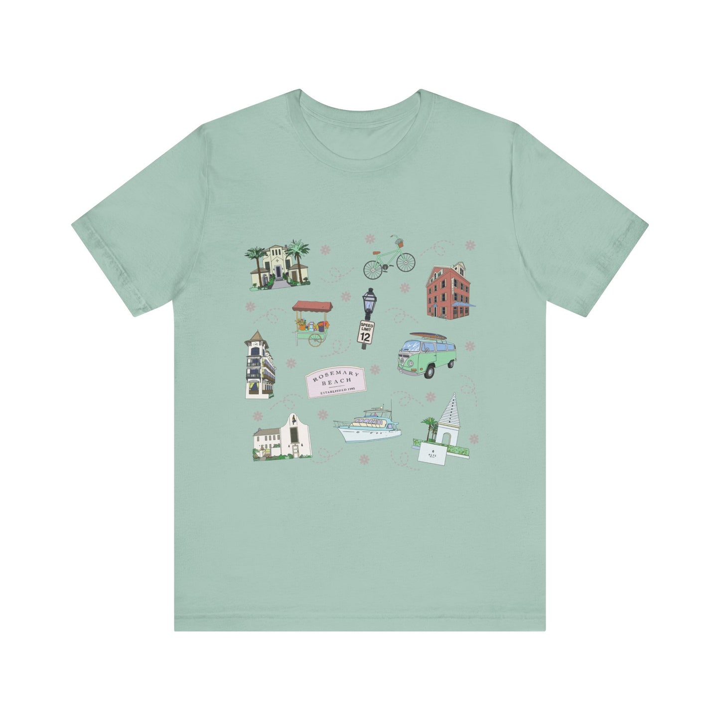 Unisex Jersey Short Sleeve Tee with Rosemary & Alys Beaches of 30A Florida FL landmarks print