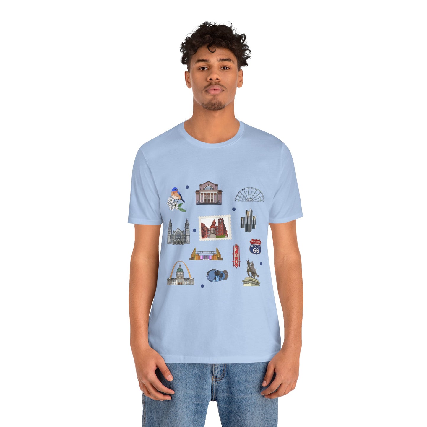 Unisex Jersey Short Sleeve Tee with St. Louis, Missouri MO landmarks print