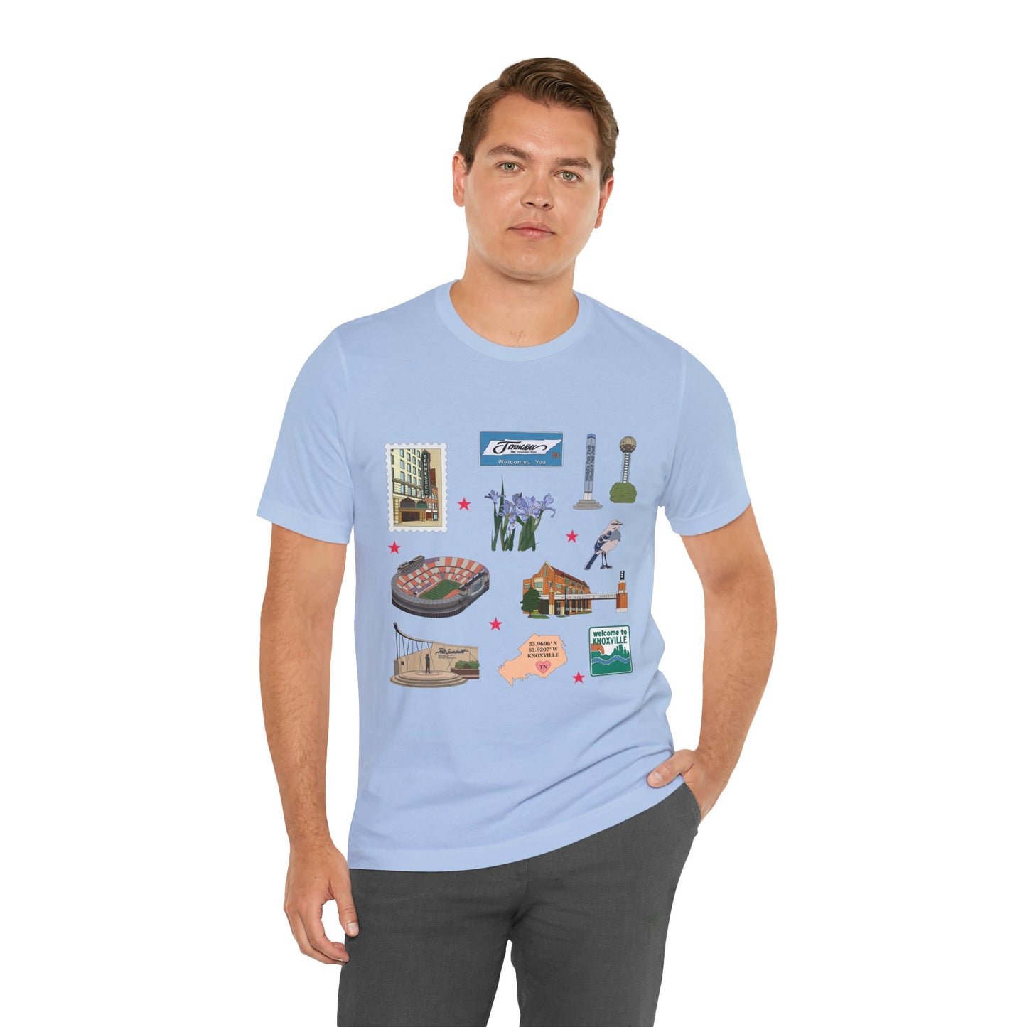 Unisex Jersey Short Sleeve Tee with Knoxville, Tennessee TN landmarks print
