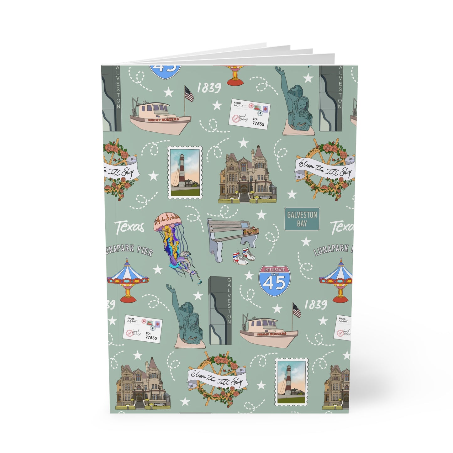 Paperback notebook with Galveston, Texas TX landmarks in seafoam 150 lined pages