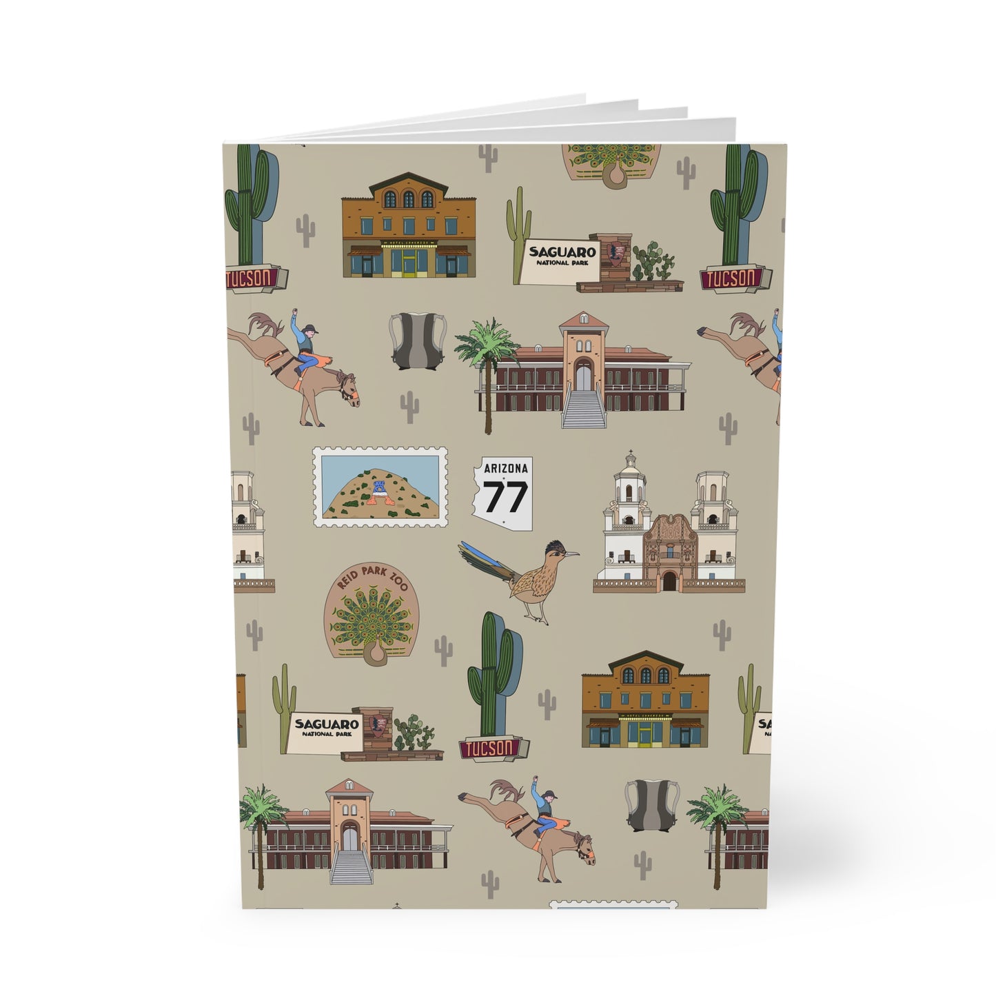 Paperback notebook with Tucson, Arizona AZ landmarks in khaki 150 lined pages