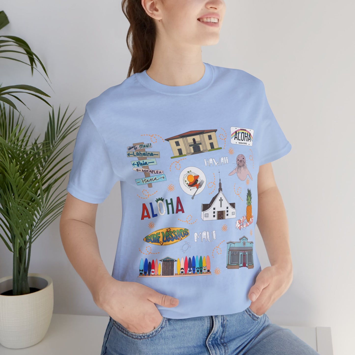 Unisex Jersey Short Sleeve Tee with Maui, Hawaii HI landmarks print
