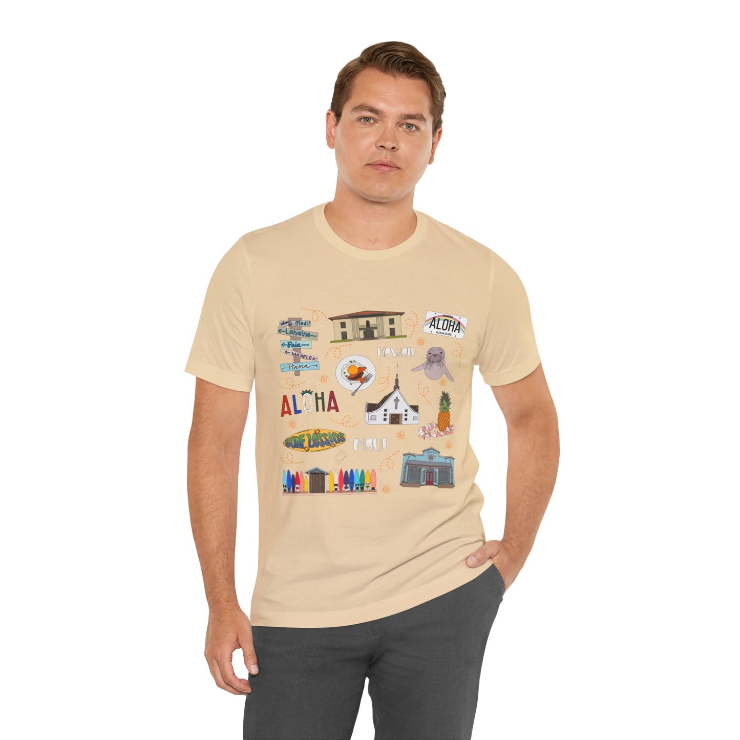 Unisex Jersey Short Sleeve Tee with Maui, Hawaii HI landmarks print
