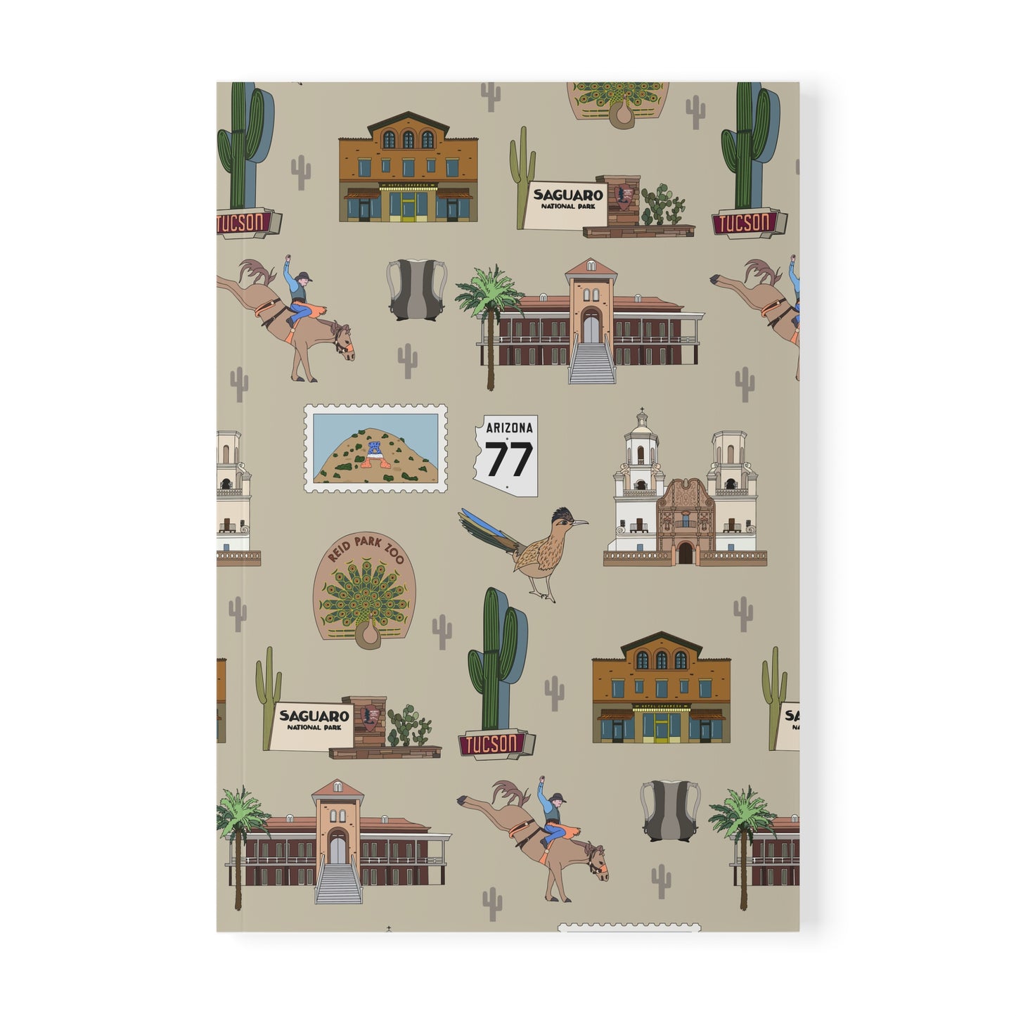 Paperback notebook with Tucson, Arizona AZ landmarks in khaki 150 lined pages