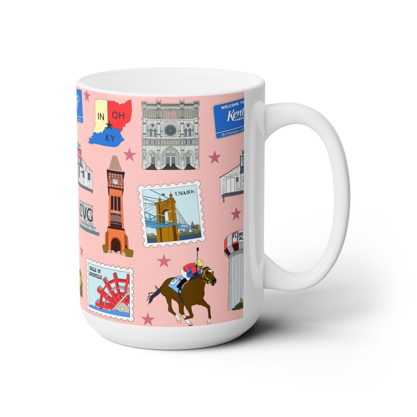 Ceramic Mug 15oz with Florence, Covington & Burlington of Northern Kentucky KY, Indiana IN, Cincinnati Ohio OH in pinkish
