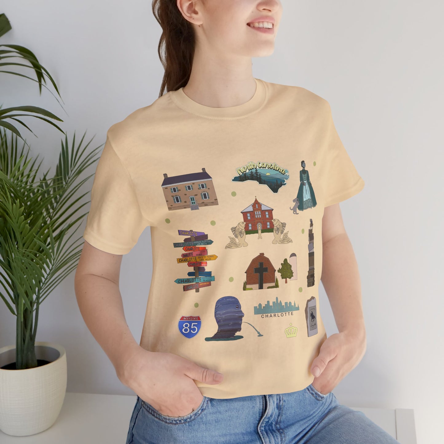 Unisex Jersey Short Sleeve Tee with Charlotte, North Carolina NC landmarks print