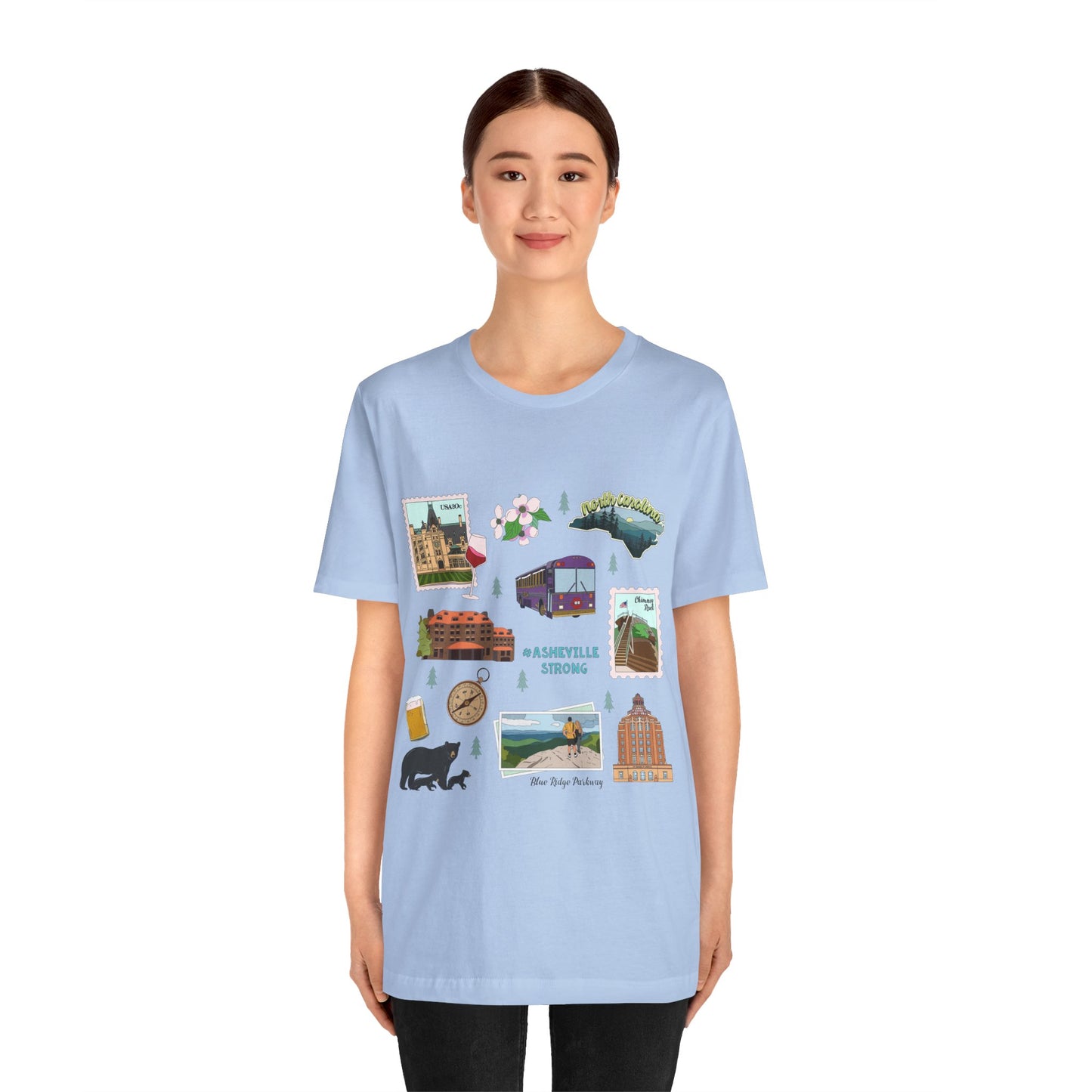 Unisex Jersey Short Sleeve Tee with Asheville, North Carolina NC landmarks print
