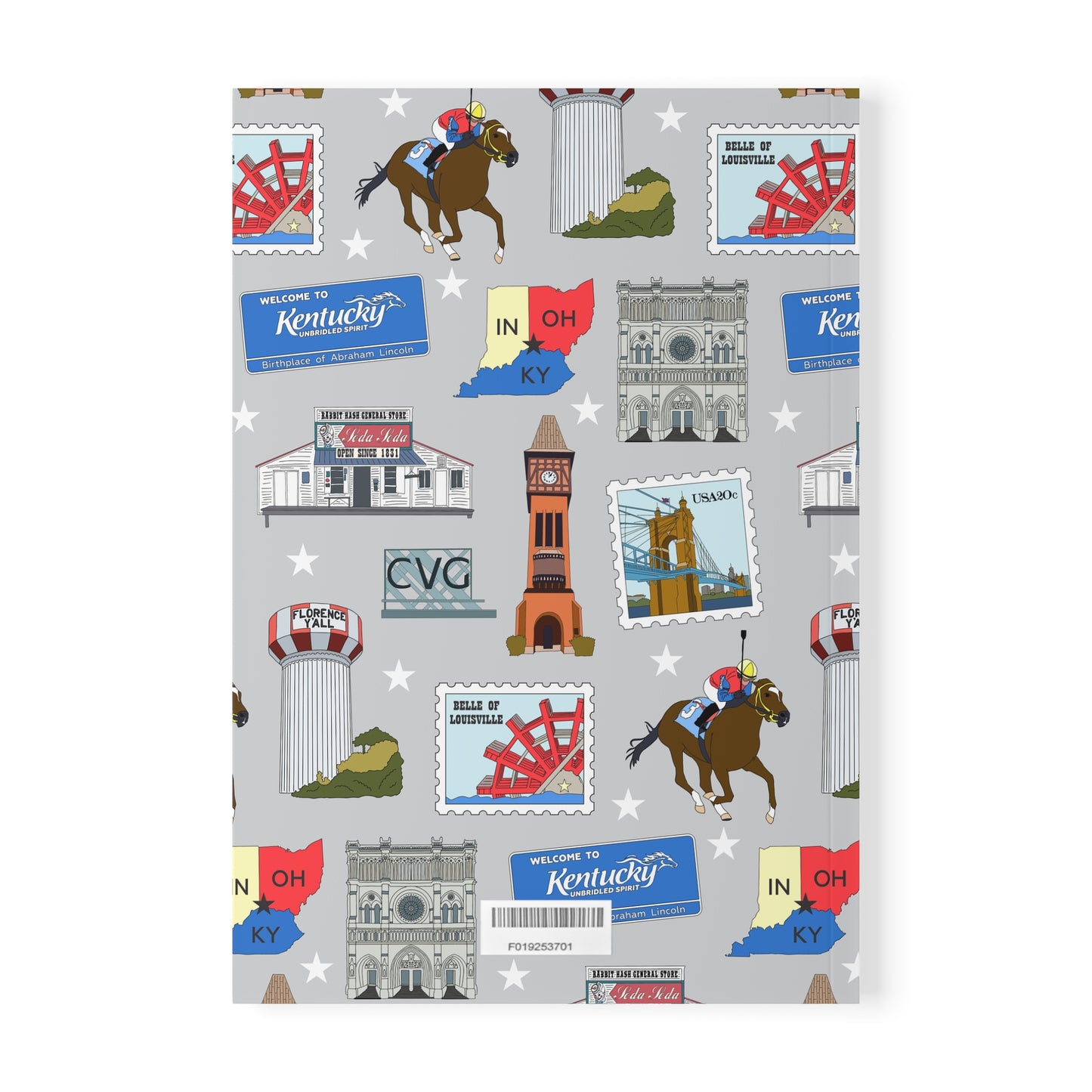 Paperback notebook with Florence, Covington & Burlington of Northern Kentucky KY, Indiana IN, Cincinnati Ohio OH landmarks in greyish 150 lined pages
