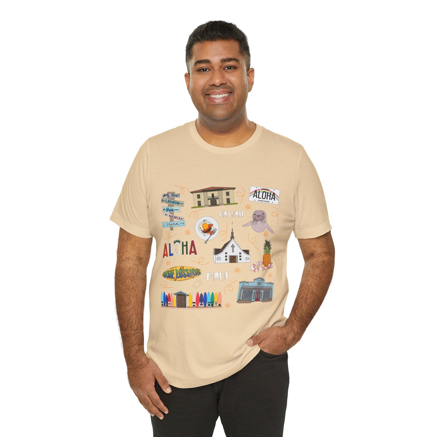 Unisex Jersey Short Sleeve Tee with Maui, Hawaii HI landmarks print