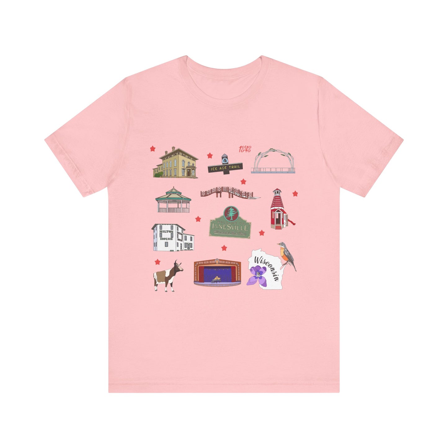 Unisex Jersey Short Sleeve Tee with Janesville, Wisconsin WI landmarks print