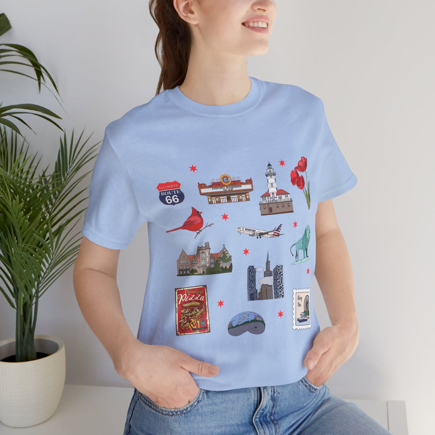 Unisex Jersey Short Sleeve Tee with Chicago, Illinois IL landmarks print