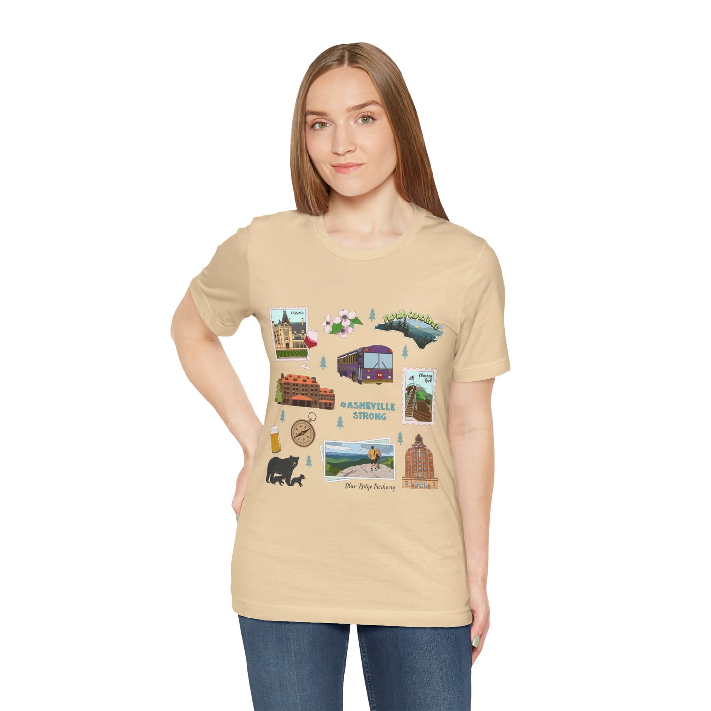 Unisex Jersey Short Sleeve Tee with Asheville, North Carolina NC landmarks print