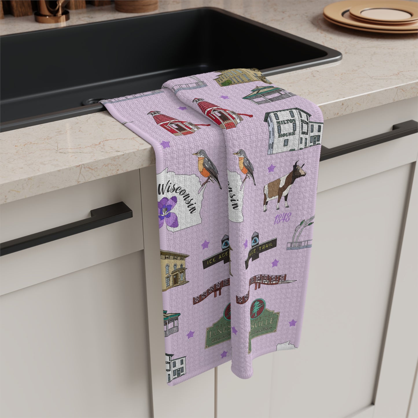 Kitchen Towel with Janesville, Wisconsin WI in lilac