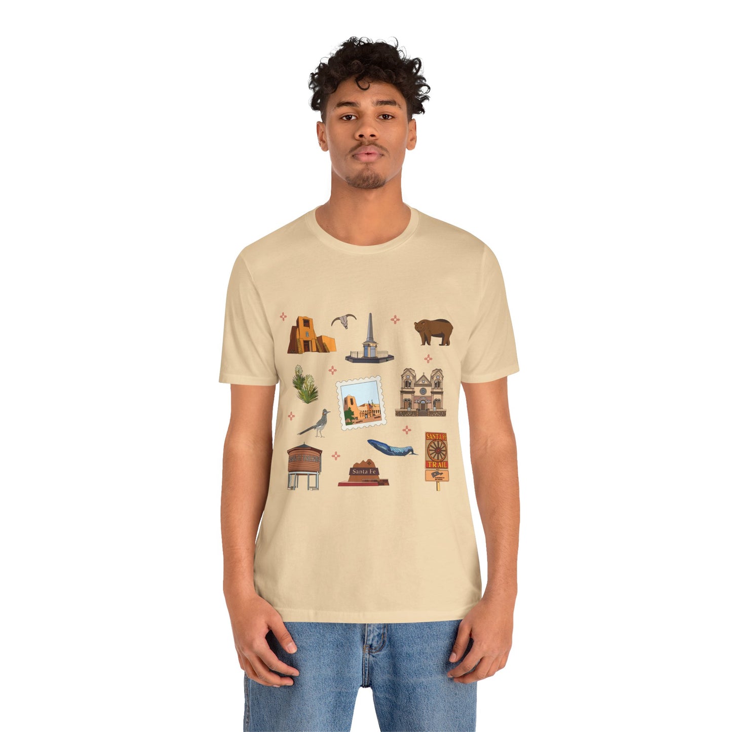 Unisex Jersey Short Sleeve Tee with Santa Fe, New Mexico NM landmarks print