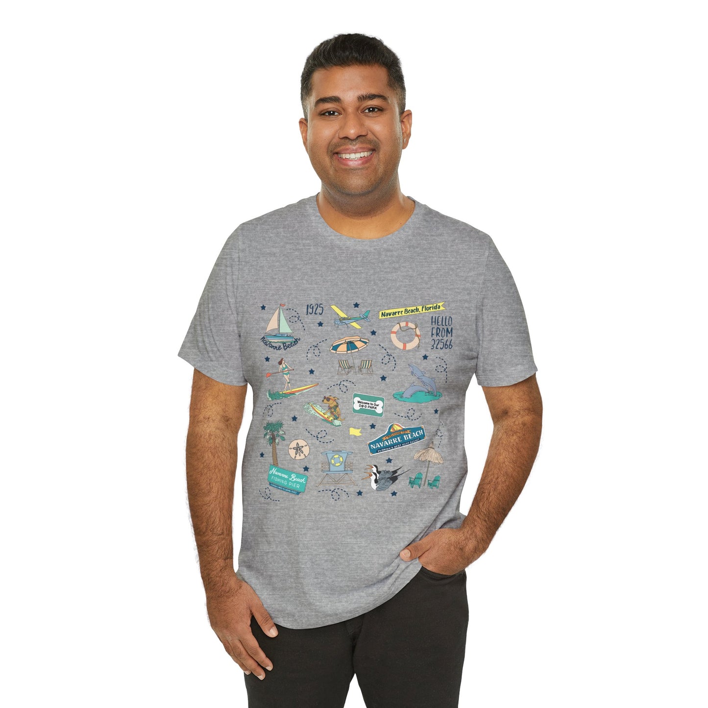 Unisex Jersey Short Sleeve Tee with Navarre Beach Florida FL landmarks print