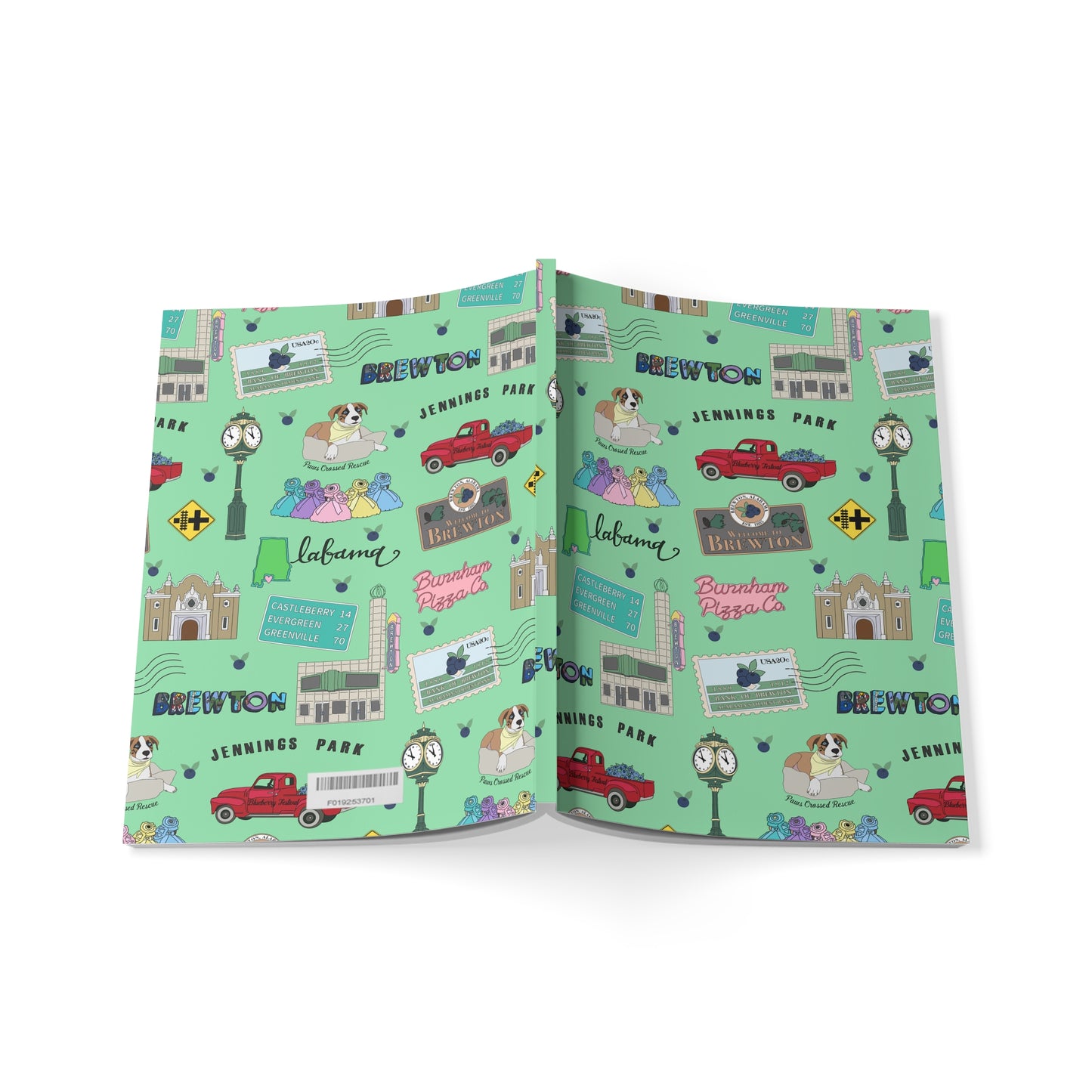 Paperback notebook with Brewton, AL landmarks in sage 150 lined pages