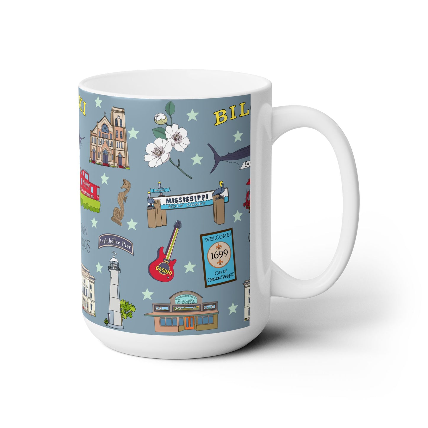 Ceramic Mug 15oz with Biloxi & Ocean Springs, Mississippi MS in dusty blue