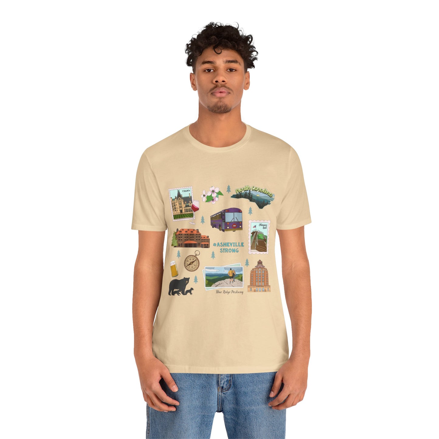 Unisex Jersey Short Sleeve Tee with Asheville, North Carolina NC landmarks print