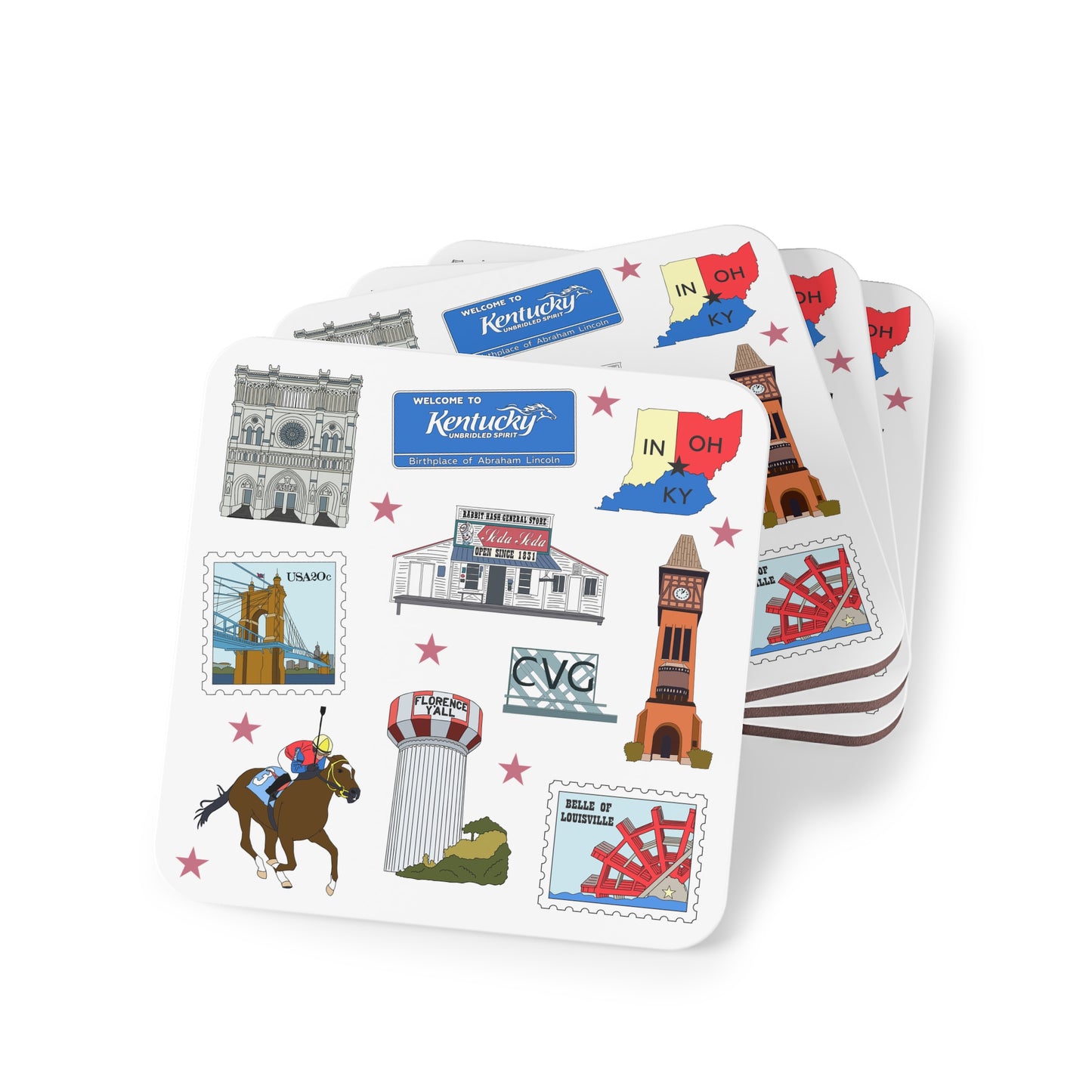 Set of 4 Ceramic Mug Coasters with Florence, Covington & Burlington of Northern Kentucky KY, Indiana IN, Cincinnati Ohio OH