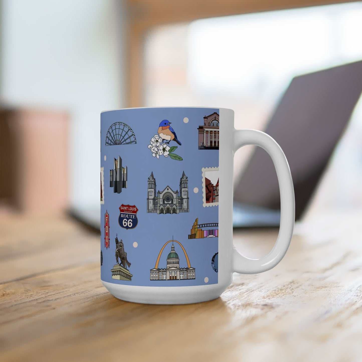Ceramic Mug 15oz with St. Louis, Missouri MO in cornflower blue